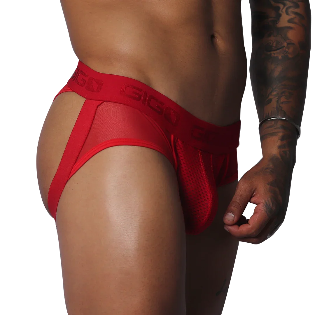 Red jockstrap thong featuring sheer mesh fabric, a pouch, and a branded elastic waistband on a muscular torso.