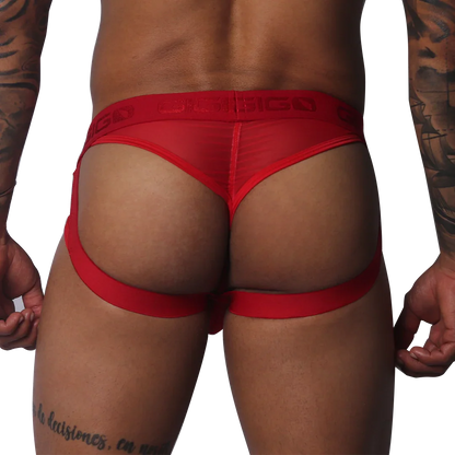 Red mesh jock strap with a wide branded elastic waistband and supportive leg straps.