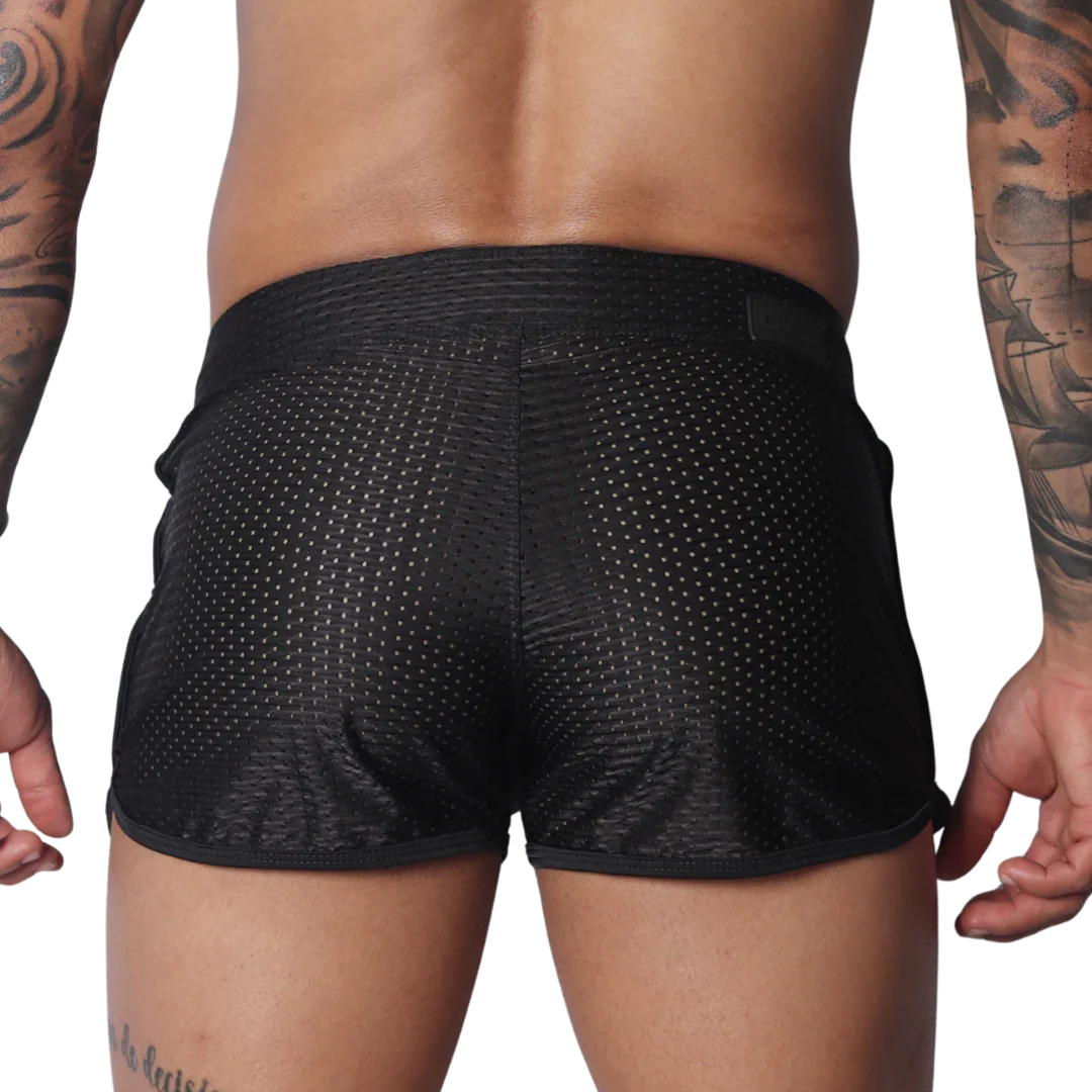 Black athletic short shorts in breathable mesh fabric with a solid waistband and slim, rounded hem.