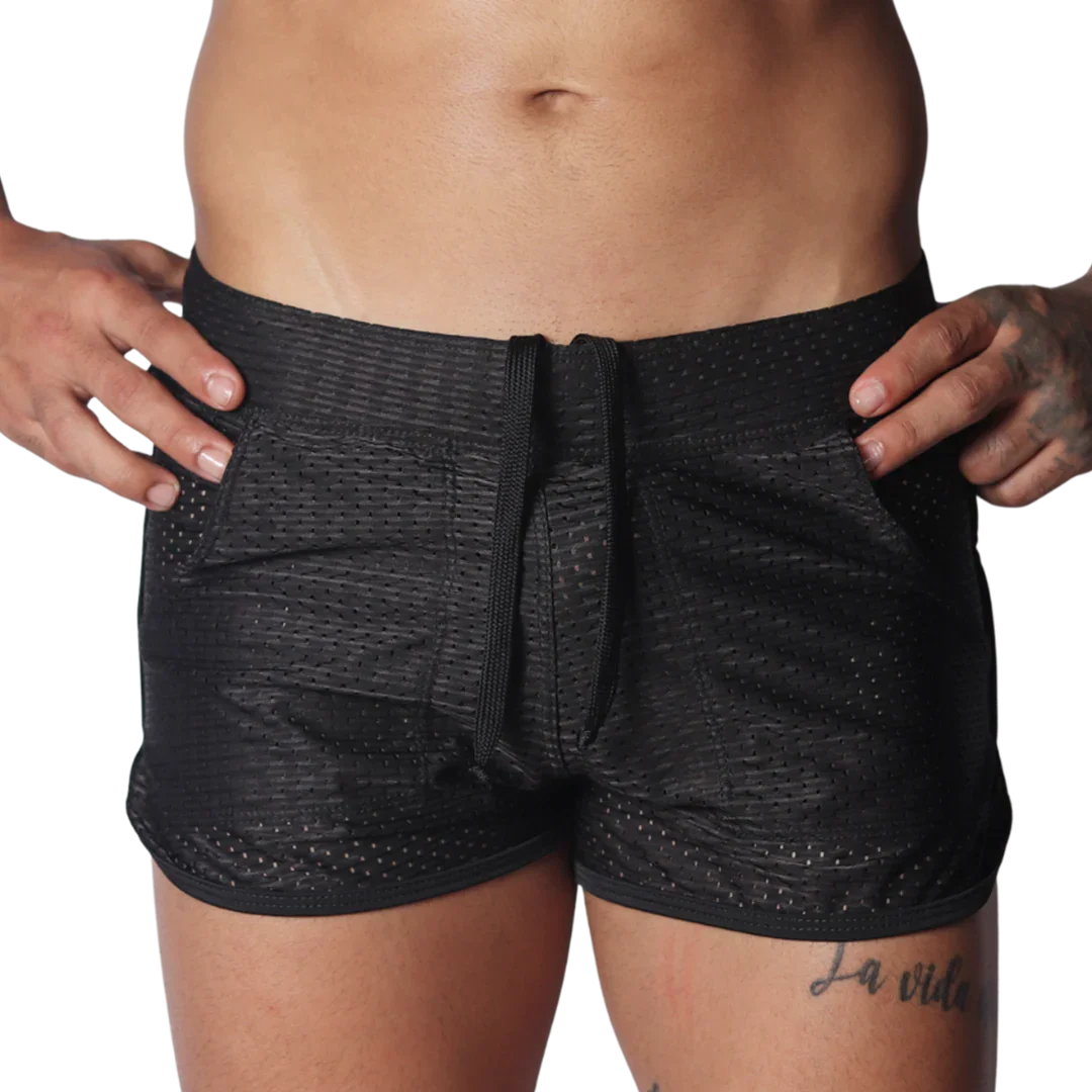 Black athletic mesh shorts with a drawstring waistband and side pockets.