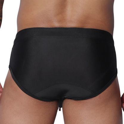 Solid black swim brief in a minimalist, sleek style with a wide waistband and smooth, fitted fabric.