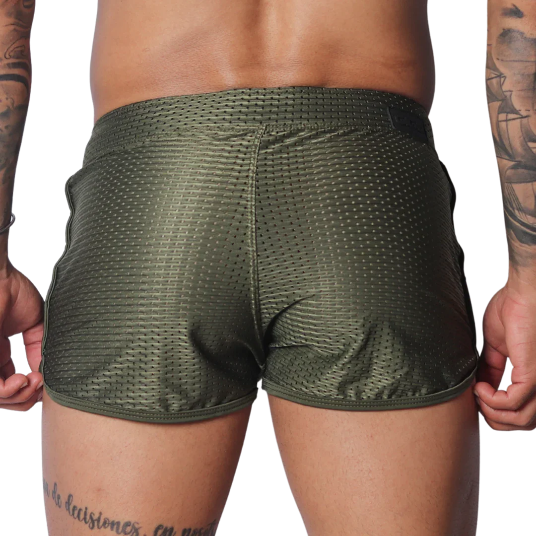 Olive green, athletic-style shorts in breathable mesh fabric with a short hem and slim fit.