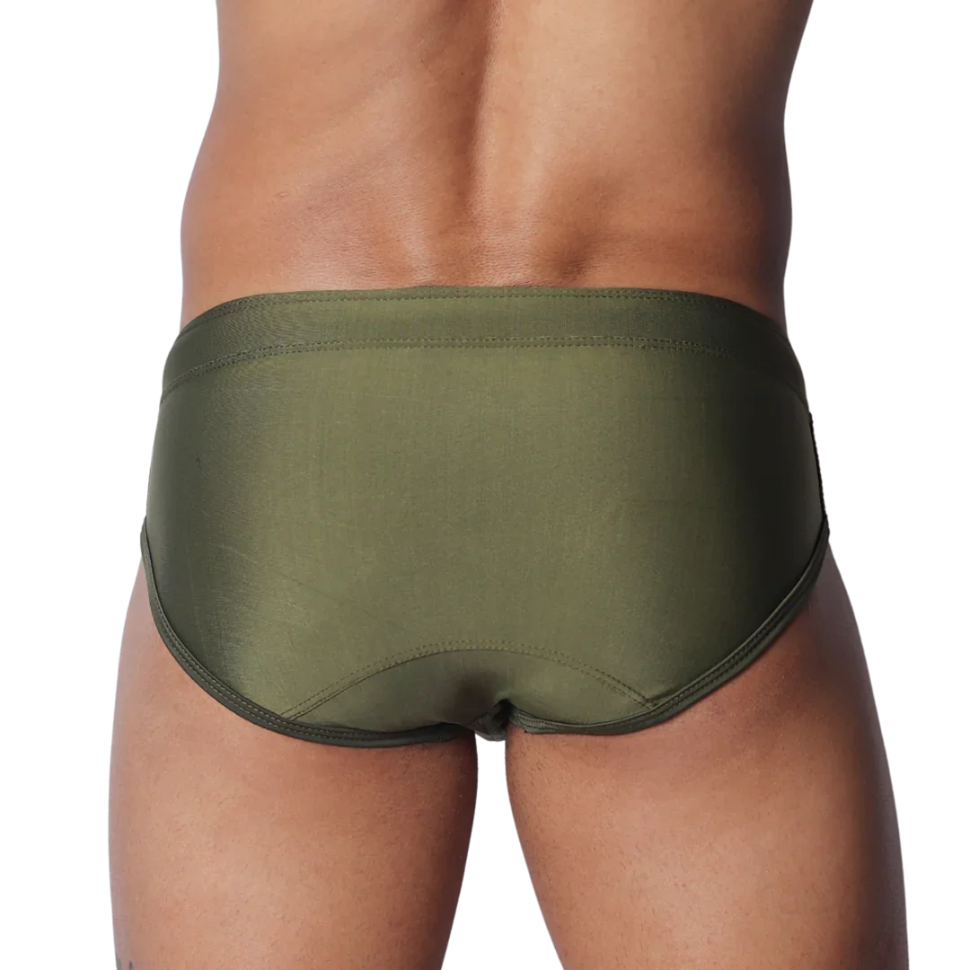 Back view of olive green, smooth synthetic swim brief with a wide waistband and stitched hem detail.