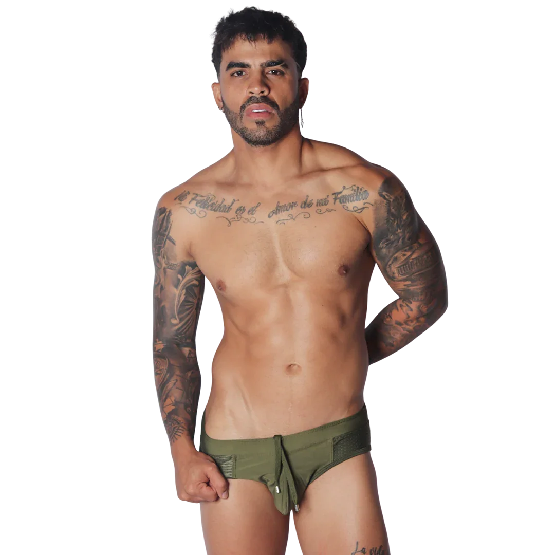Olive green swim brief with side mesh panels and a center front drawstring tie against a black background.