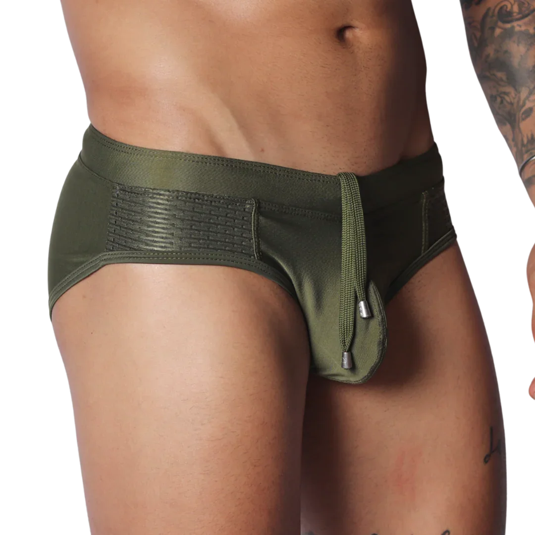 Olive green swim brief with side mesh panels and a drawstring front featuring metallic aglets.