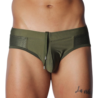 Olive green swim brief with a center drawstring, contoured pouch, and textured side mesh panels.