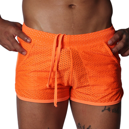 Bright orange athletic mesh shorts with a drawstring waistband and side pockets.