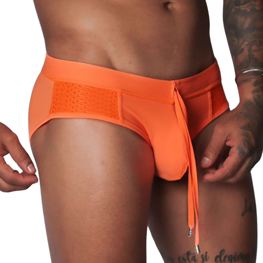 Bright orange swim brief with mesh side panels, an elastic waistband, and a decorative front drawstring tie.