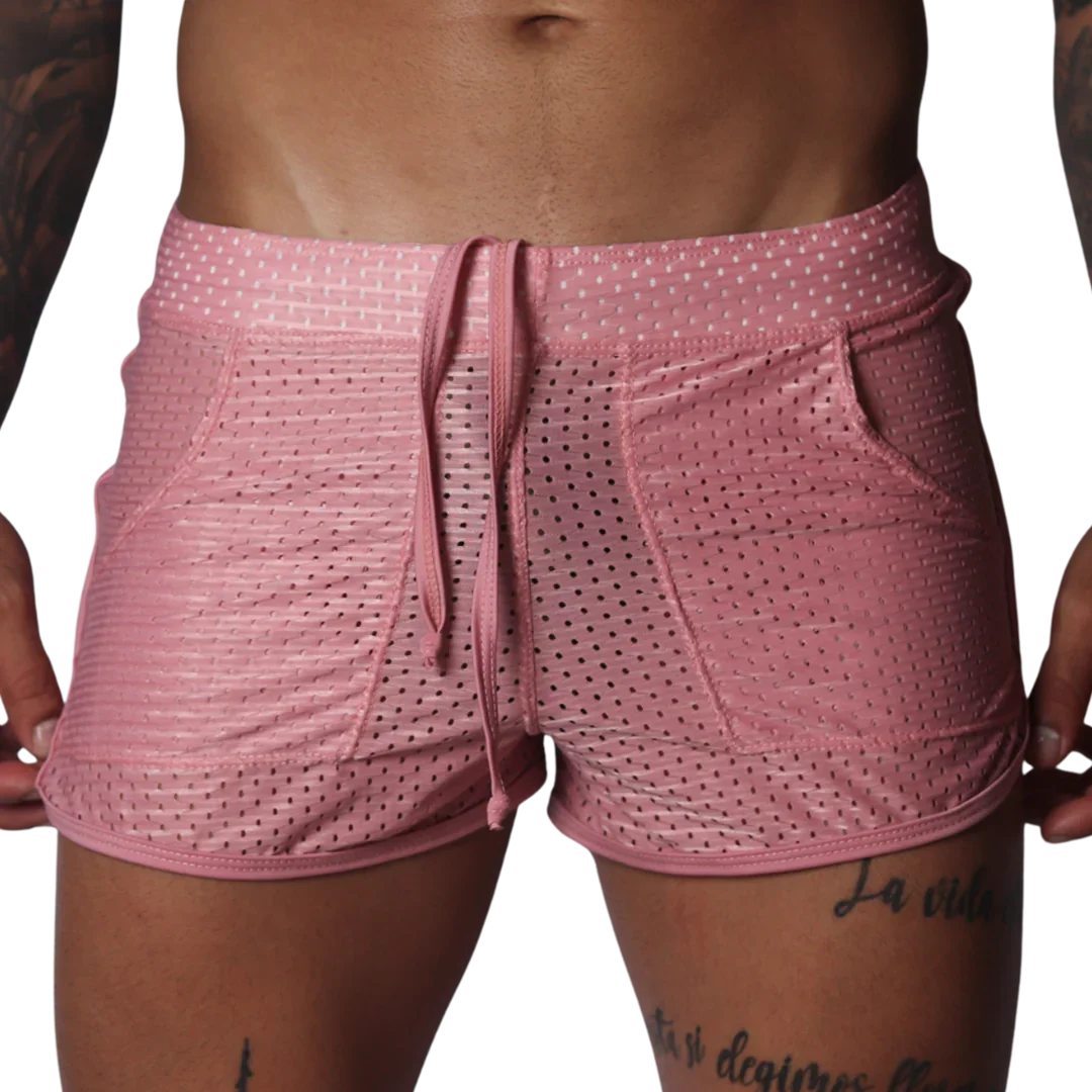 Pink mesh athletic shorts with a drawstring waistband, two side pockets, and a shorter, fitted cut.