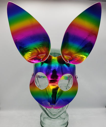 Exotic bunny mask featuring a rainbow holographic iridescent surface with reflective oversized ears