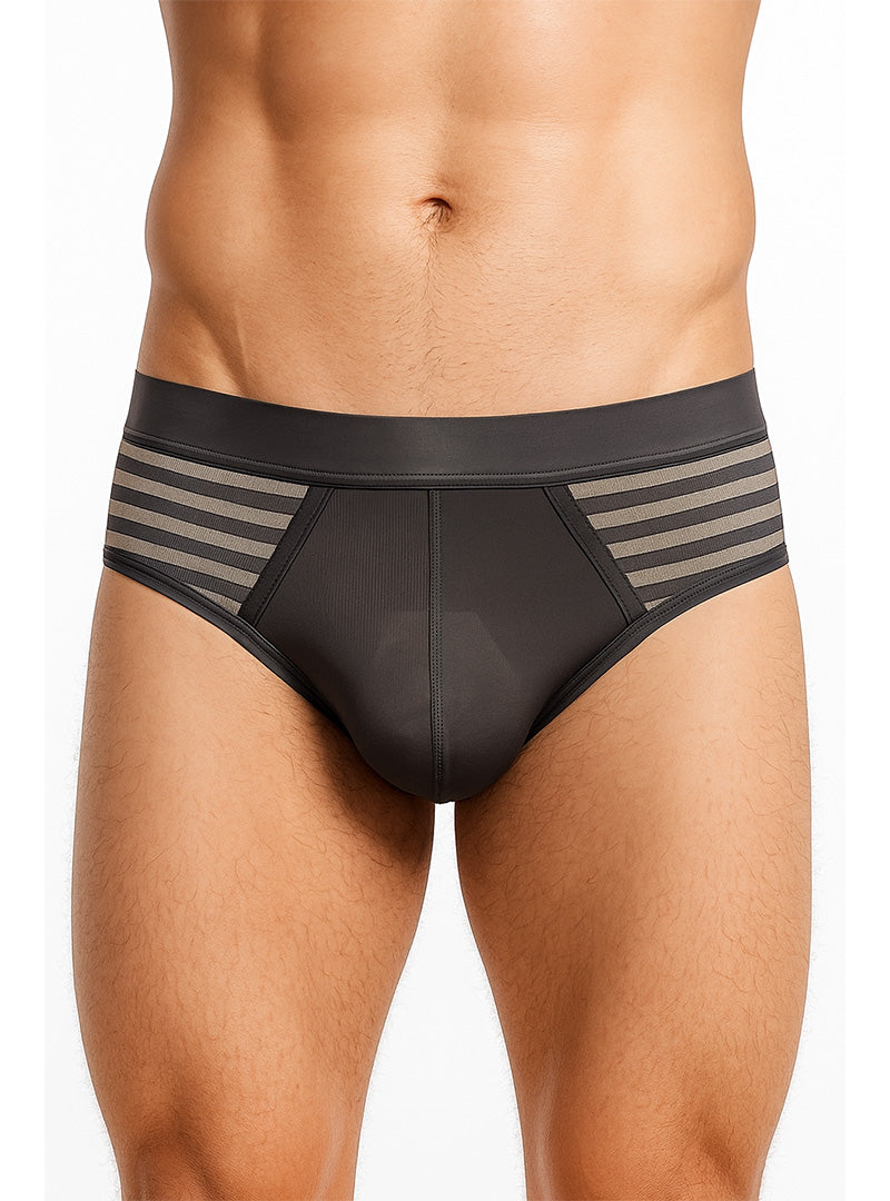 Easy stretch brief black briefs with gray striped mesh panels on the sides for breathable comfort