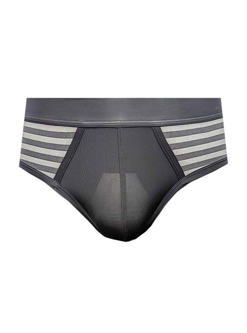 Black and gray striped men’s easy stretch briefs with breathable mesh panel for comfortable all-day wear