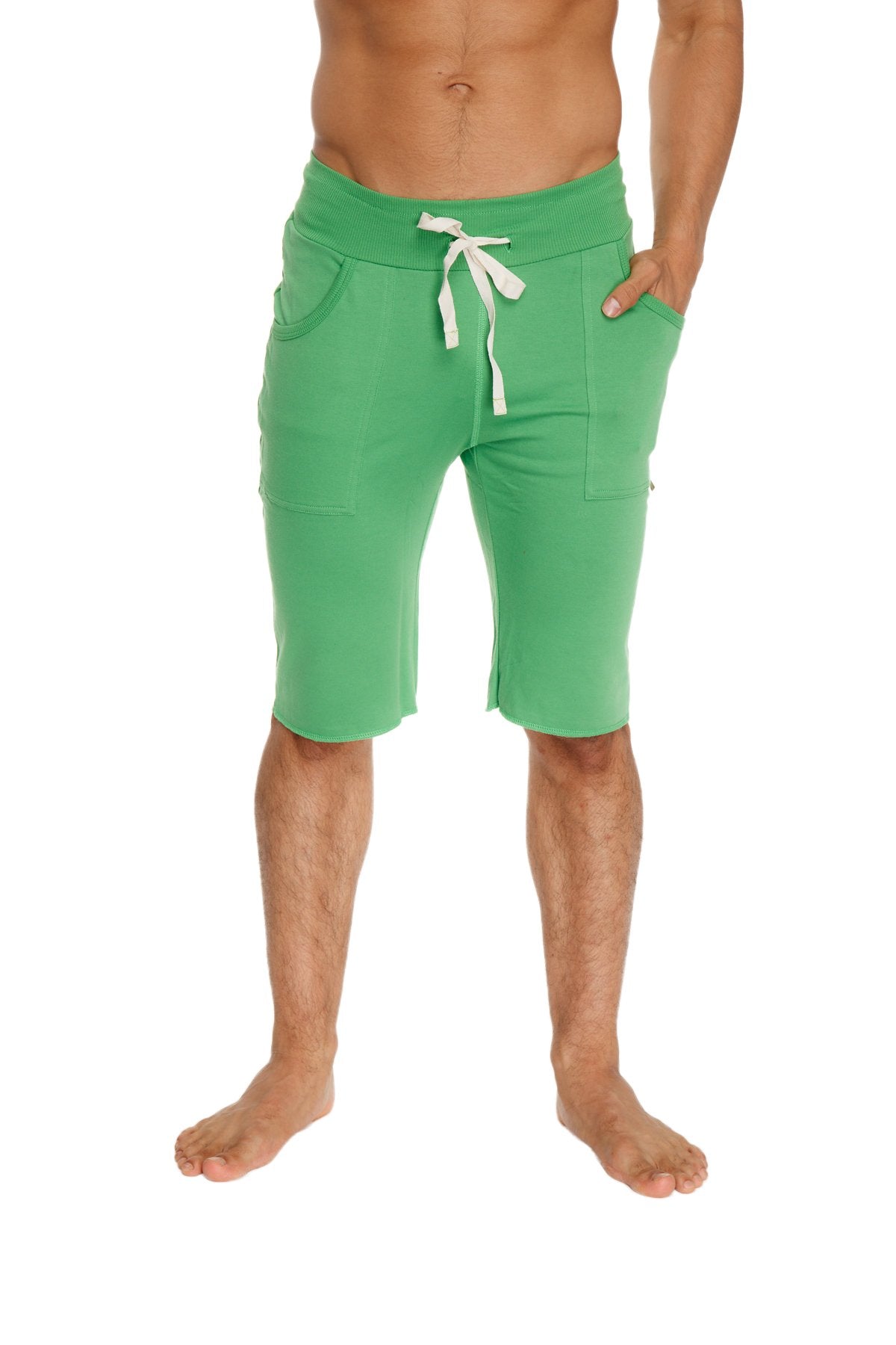 Eco-track short bamboo green athletic shorts with white drawstring waistband and side pockets for active wear