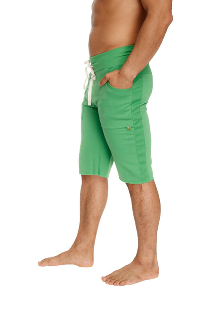 Eco-track short bamboo green athletic shorts with white drawstring and gold button on side pocket