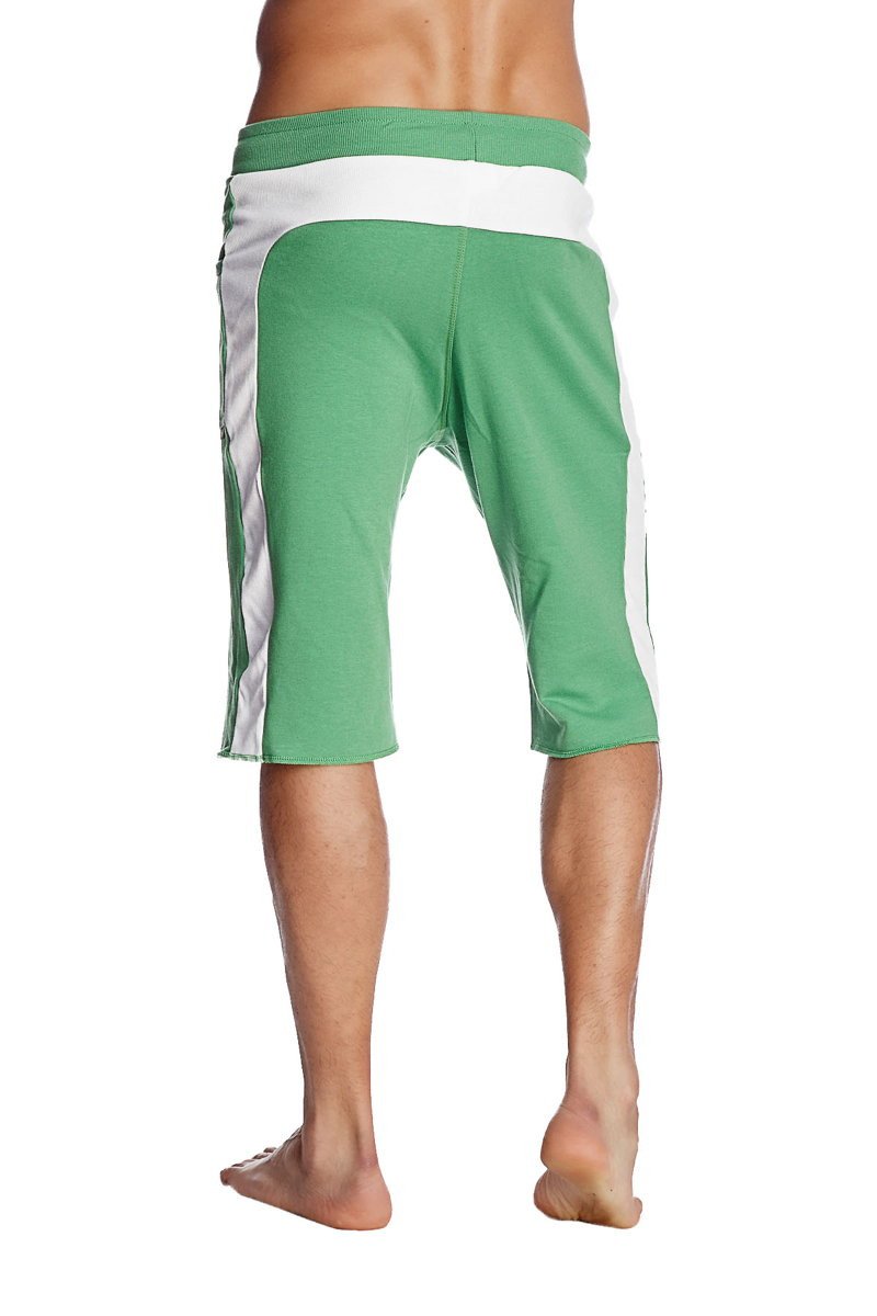 Eco-track short bamboo green with white side stripes and contrasting white waistband made from eco-friendly fabric