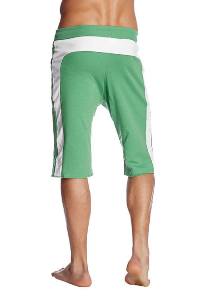 Eco-track short bamboo green with white side stripes and contrasting white waistband made from eco-friendly fabric