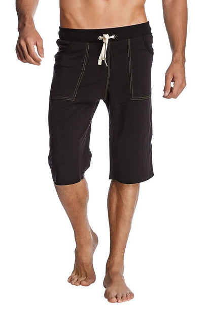 Eco-track black drawstring shorts with white stitching and side pockets made from bamboo green fabric