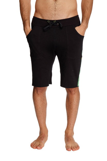 Eco-track black athletic shorts with bamboo green side panels and a drawstring waistband for comfortable fit