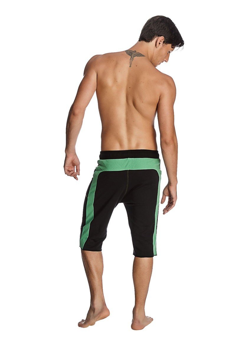 Black and bamboo green eco-track athletic shorts with solid black waistband designed for active wear