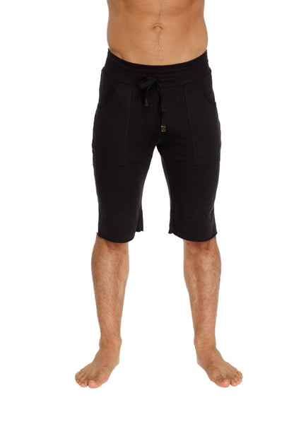 Black eco-track shorts with drawstring waist and sleek modern design featuring subtle front branding and ice fabric accents