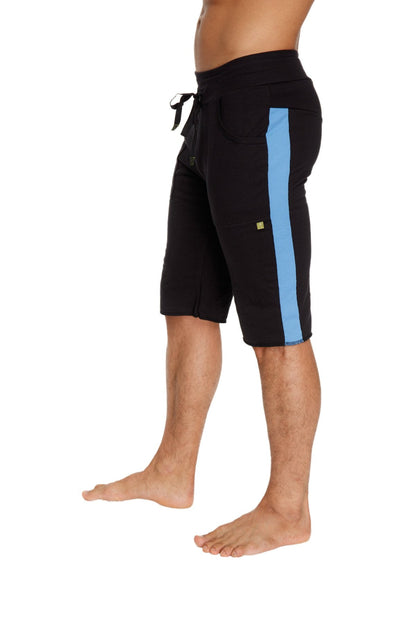 Eco-Track short in black with ice blue vertical stripe featuring elastic waistband and drawstring for athletic use