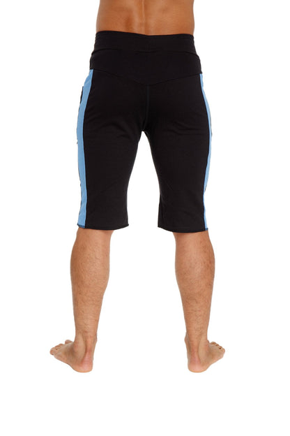 Eco-track short black with ice featuring light blue side stripes made from eco-friendly material for athletic use