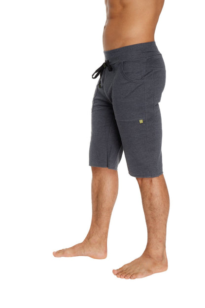 Dark gray eco-track shorts with soft texture, drawstring waist, and side pockets for comfortable active wear