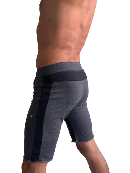 Gray eco-track athletic shorts with black side panels elastic waistband and embroidered logo on the thigh