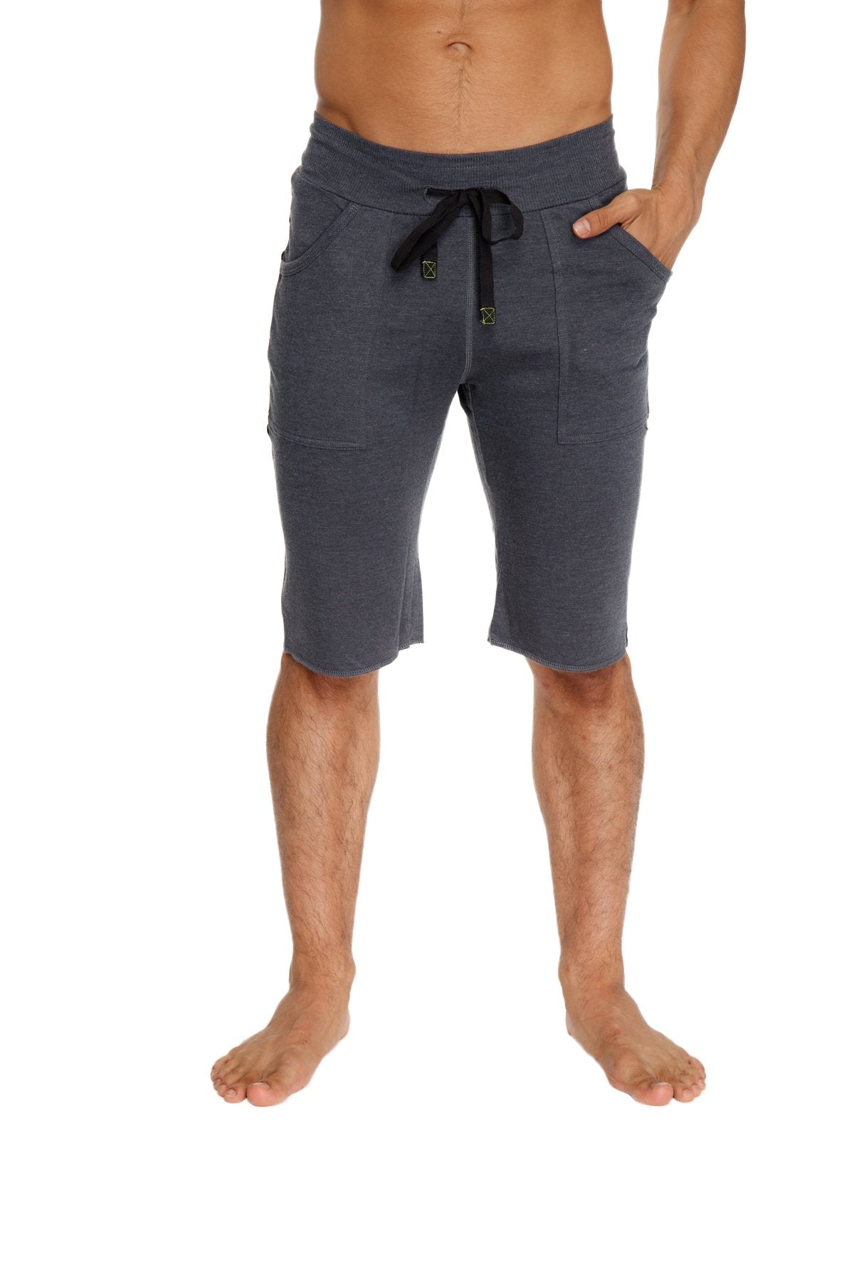 Eco-track short in charcoal with black soft textured fabric featuring a drawstring waistband and two front pockets