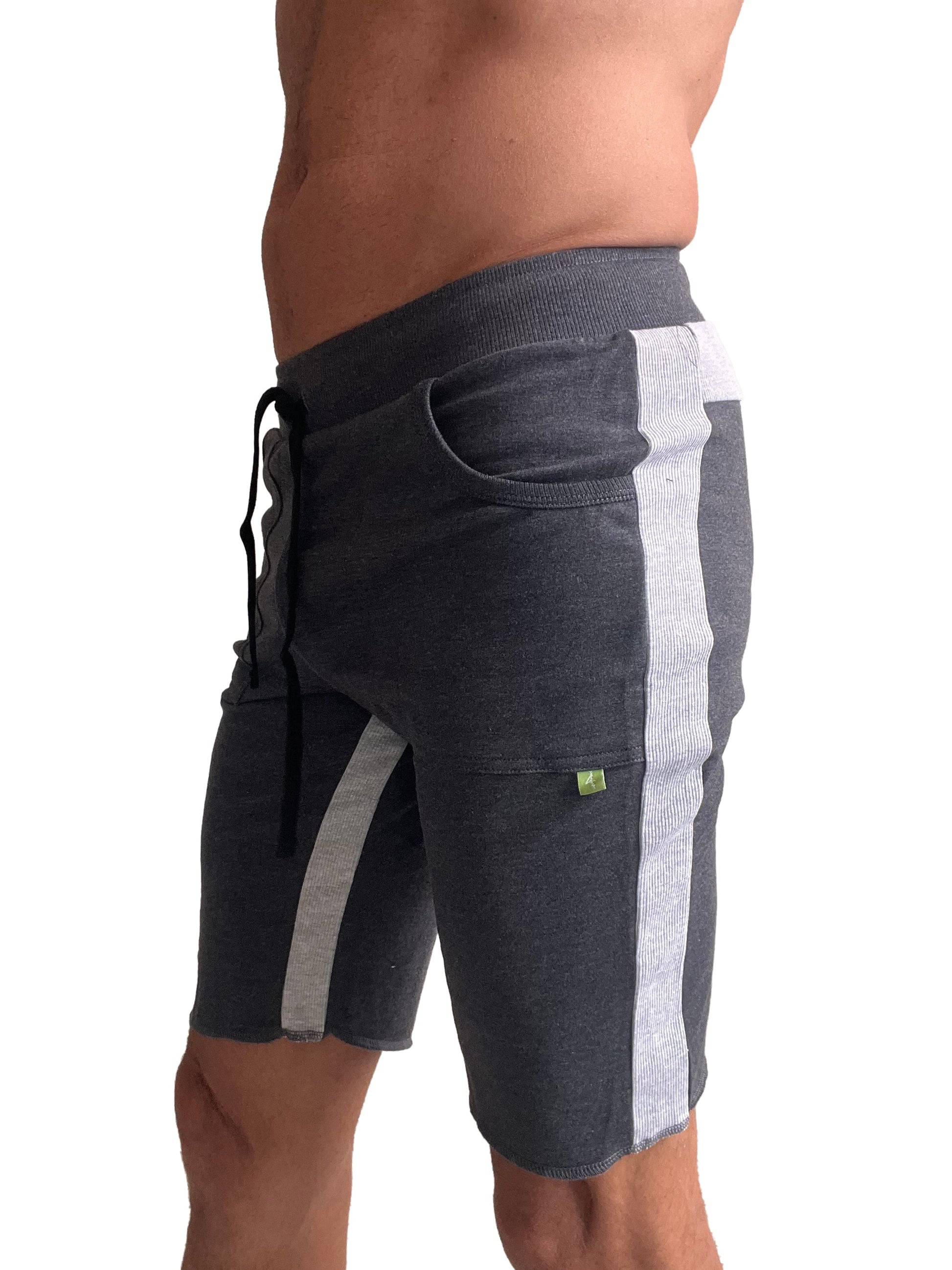 Eco-track short charcoal w/grey dark gray athletic shorts with white vertical stripes and black drawstring waistband