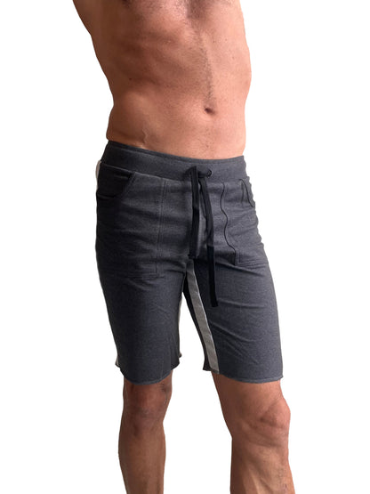 Eco-track short charcoal w grey made of dark gray athletic fabric with black drawstring and light gray side panels