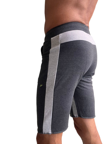 Eco-track short charcoal w grey dark gray athletic shorts with light gray vertical stripe and ribbed waistband