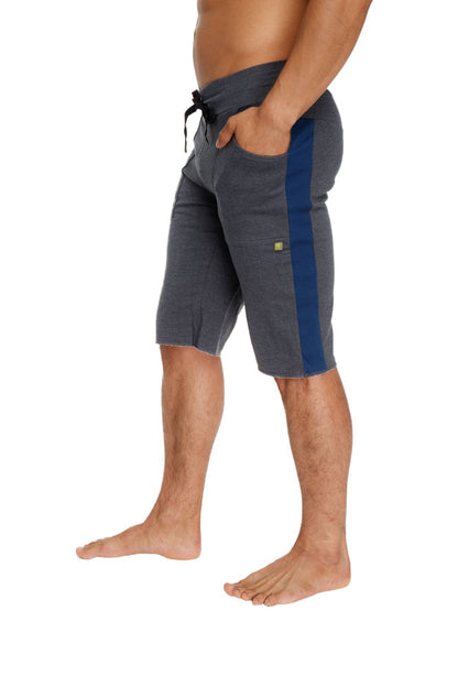 Eco-track short charcoal w royal blue gray athletic shorts with blue stripe elastic waistband black drawstrings green logo