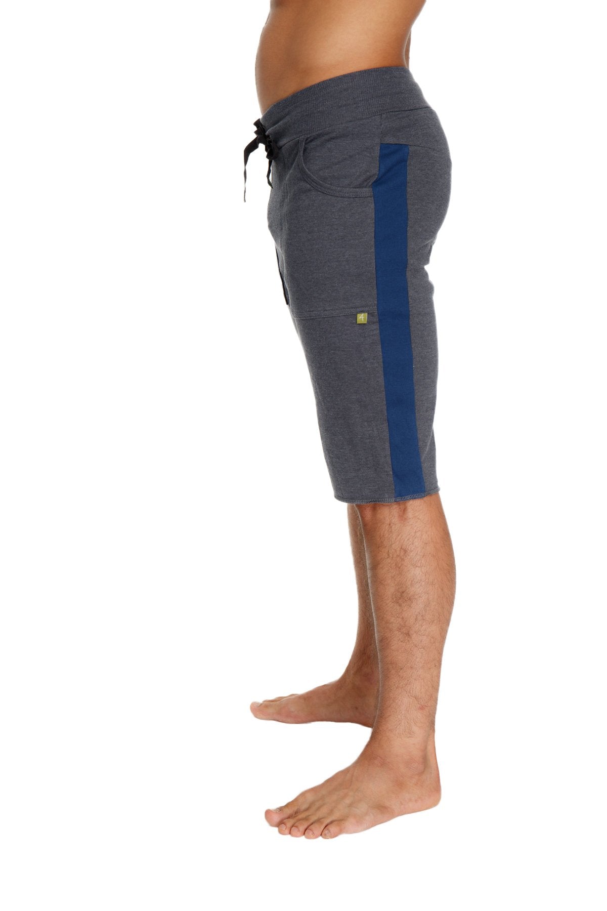 Eco-track short charcoal with royal blue vertical stripe gray heathered drawstring waistband and green logo on thigh