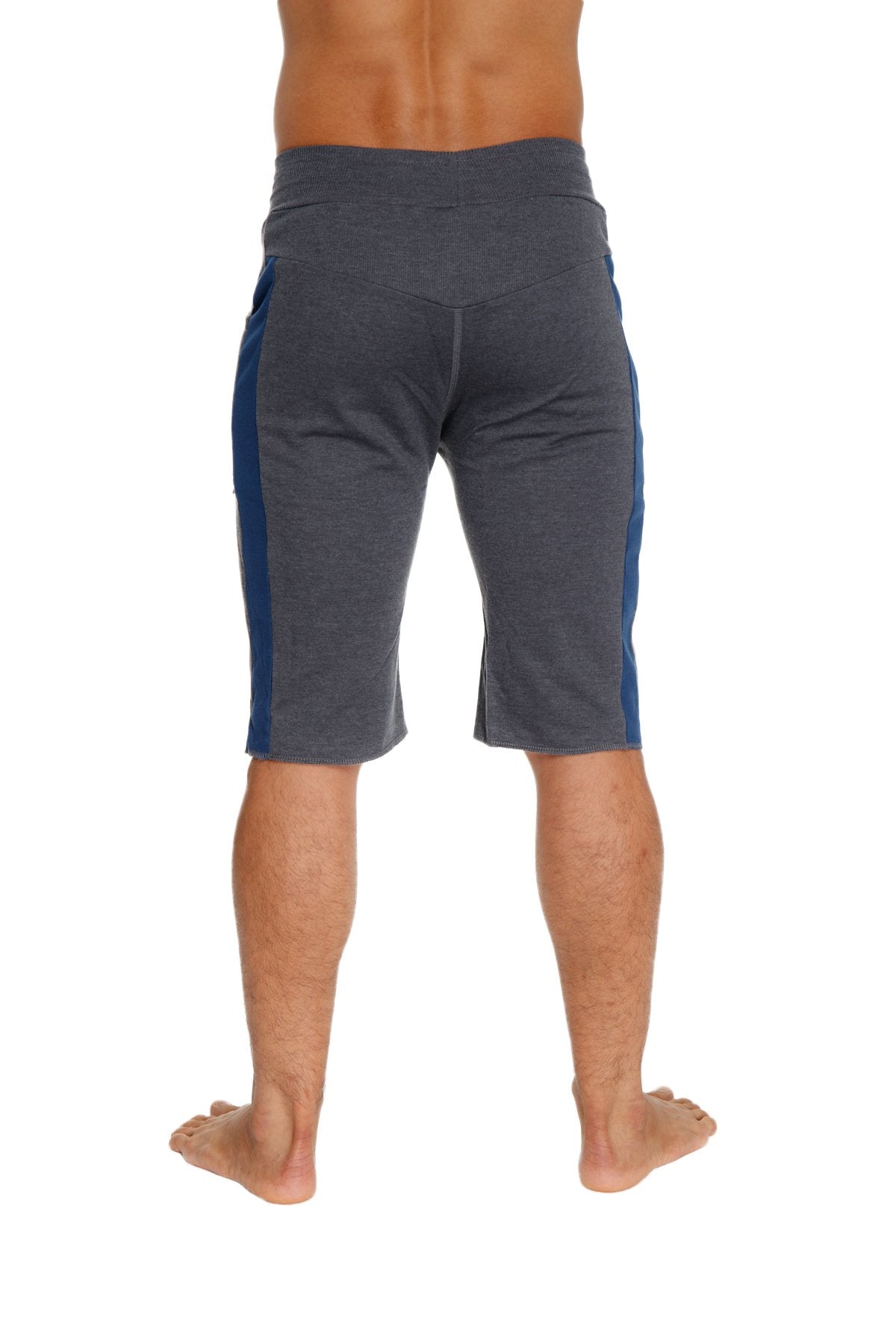 Eco-track short charcoal with royal blue side stripes designed as lightweight gray athletic shorts for active wear