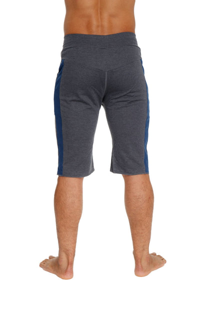 Eco-track short charcoal with royal blue side stripes designed as lightweight gray athletic shorts for active wear