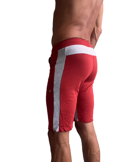 Eco-track short cinnabar with grey featuring red athletic shorts with white and silver striped side panels
