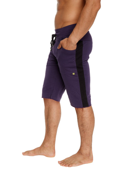 Eco-track short eggplant with black featuring purple athletic shorts with black side stripe and drawstring waistband