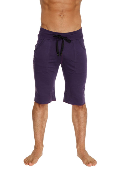 Eco-track short in eggplant with a black drawstring waistband made from eco-friendly material for athletic use