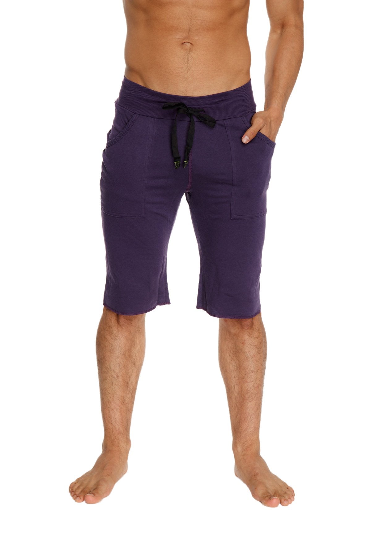Eco-track short in eggplant with black drawstring waistband and side pockets designed for athletic use