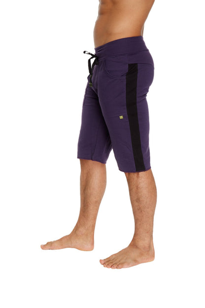 Purple eco-track athletic shorts with black side stripe and drawstring waistband for active use
