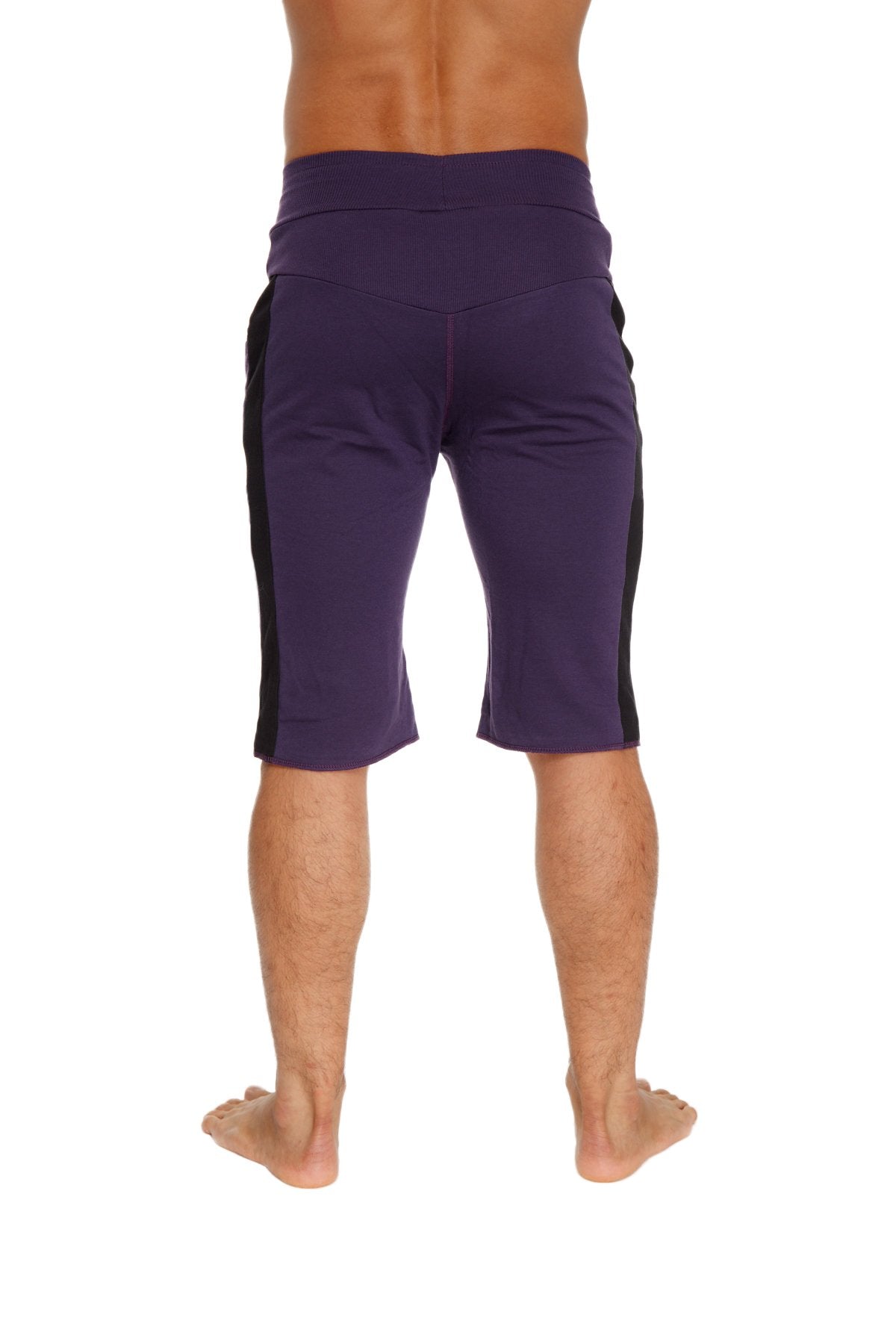 Eco-Track Short eggplant with black high-waisted athletic shorts with elastic waistband and black side panels