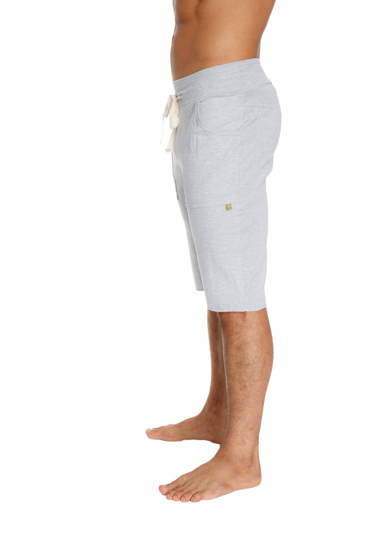 Eco-track short heather grey light gray soft-textured shorts with drawstring waistband and green logo on side pocket