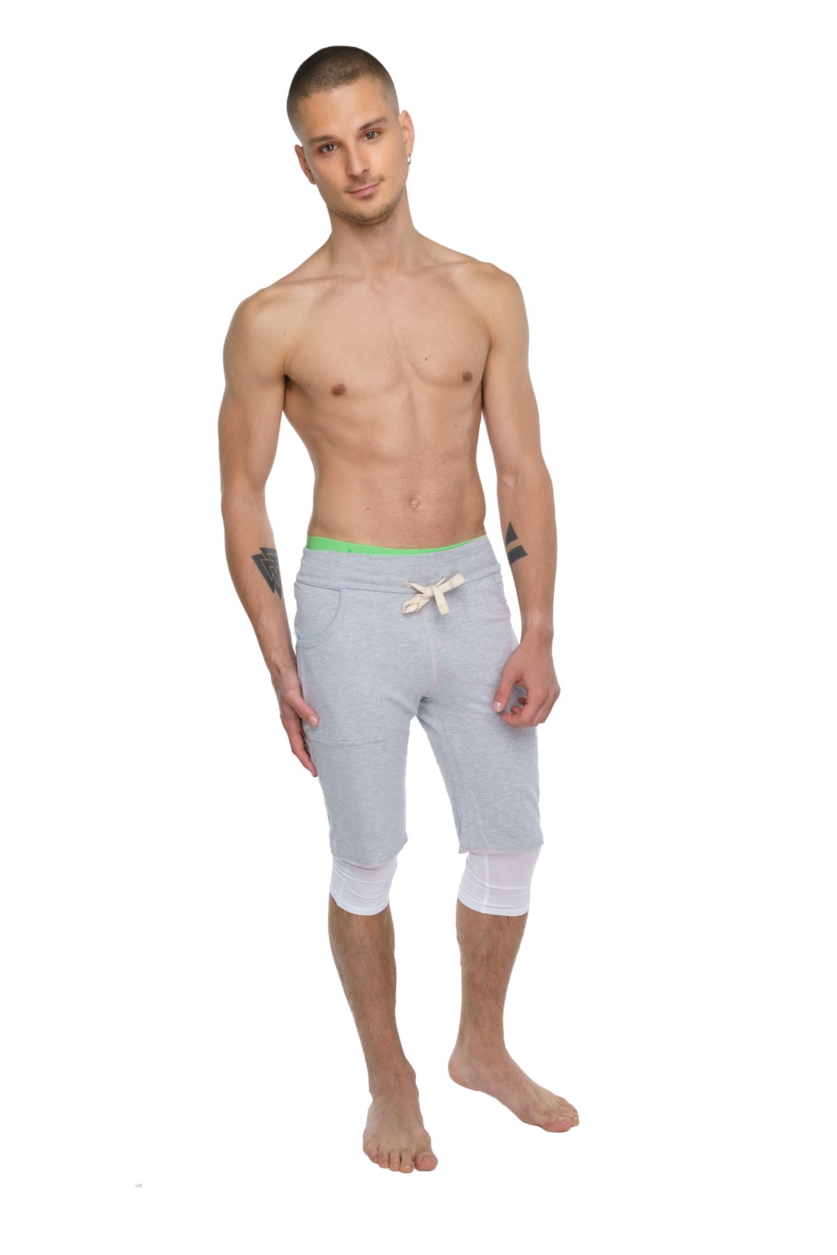 Eco-track short heather grey light gray athletic shorts with neon green waistband and white drawstring for running