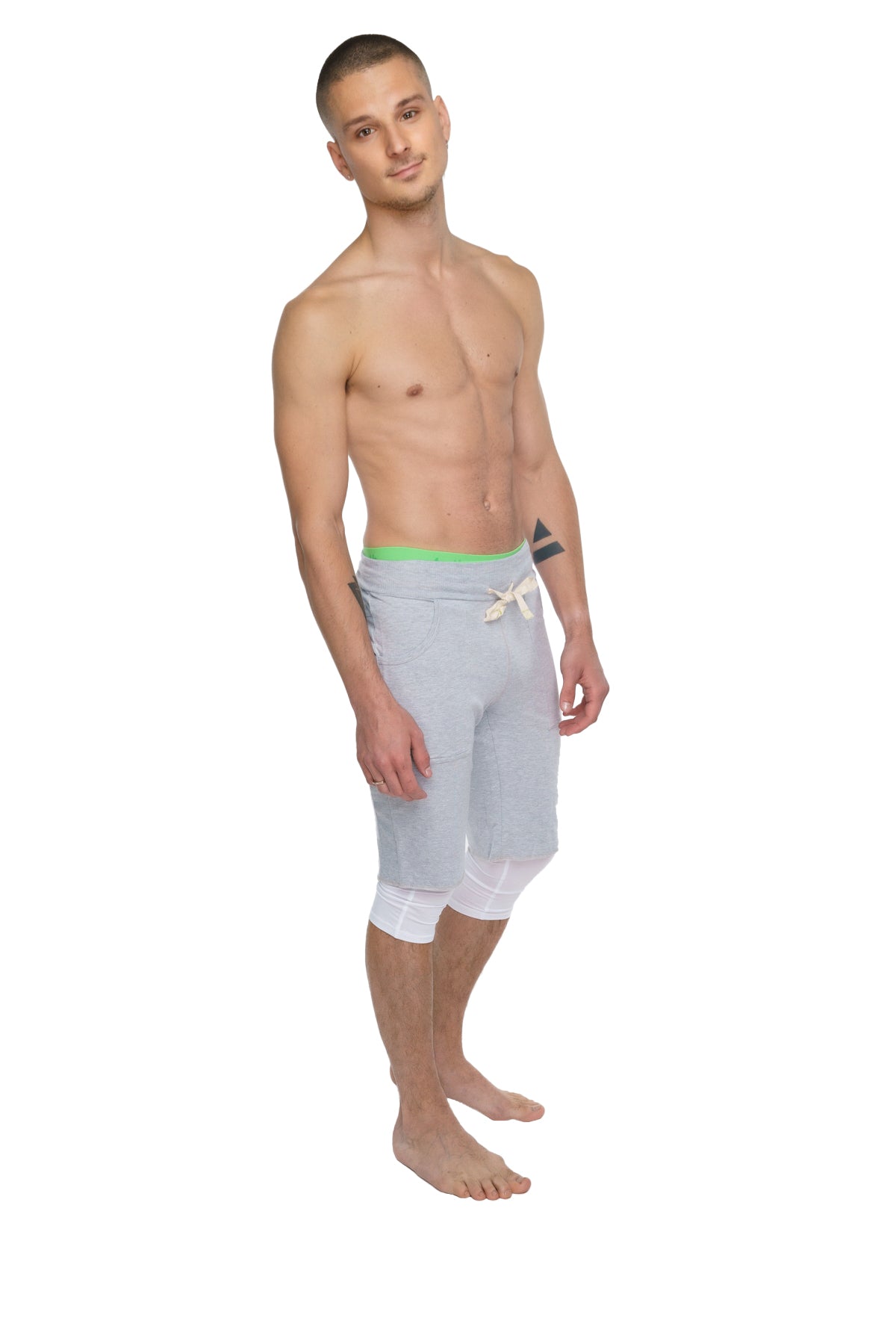 Eco-track short heather grey light gray semi-transparent shorts with neon green waistband and white drawstring