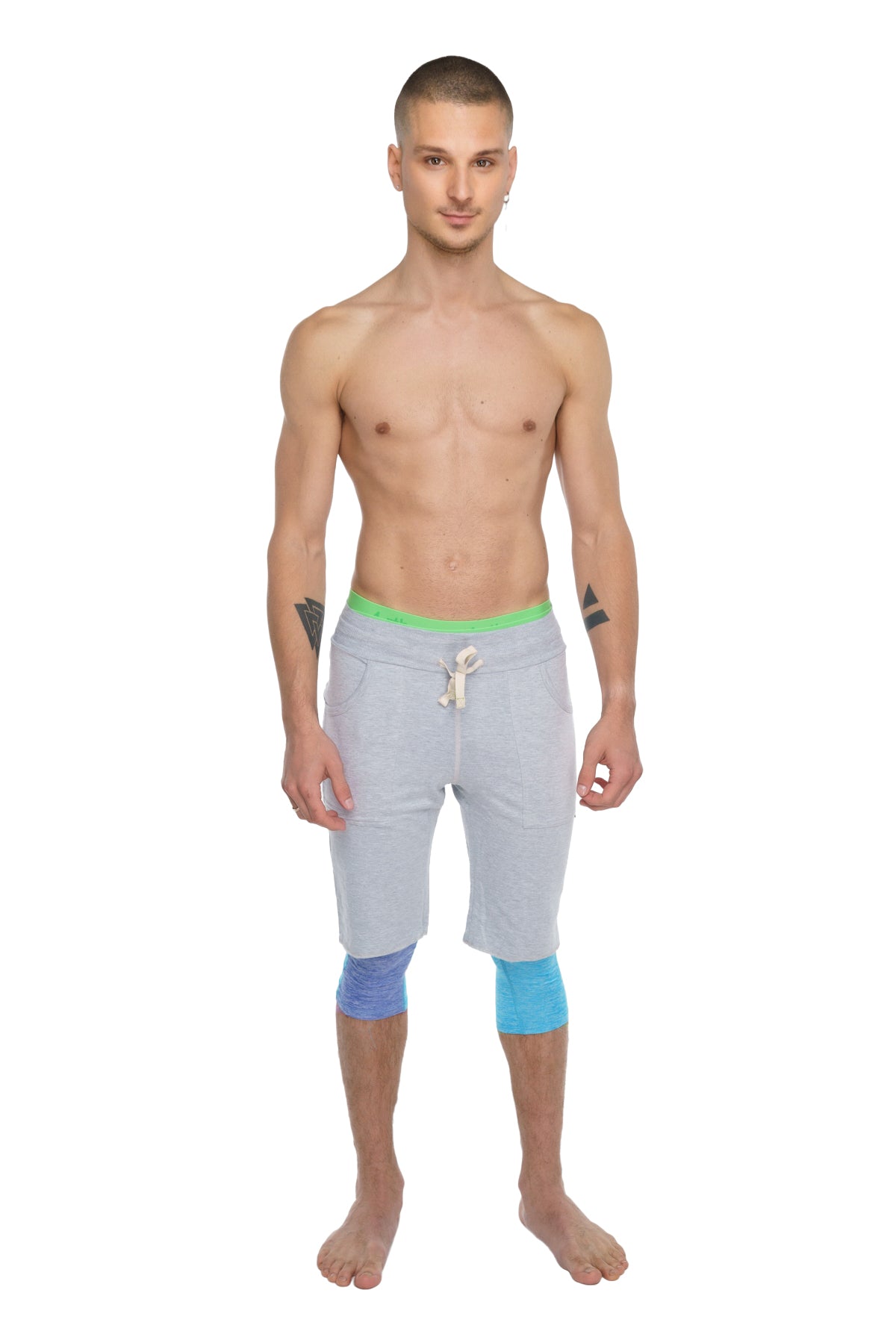 Eco-track short heather grey light gray athletic shorts with neon green waistband and blue knee patches for active wear