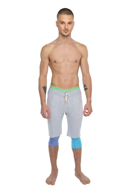 Eco-track short heather grey light gray athletic shorts with neon green waistband and blue knee patches for active wear