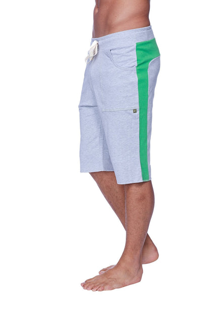 Eco-track short heather grey with green side stripe and white drawstring made from lightweight breathable fabric