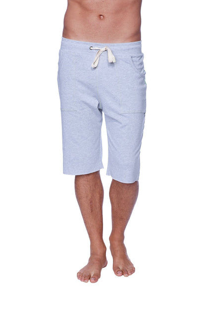 Eco-track short heather grey with green in light blue heathered cotton with white drawstring and side pockets