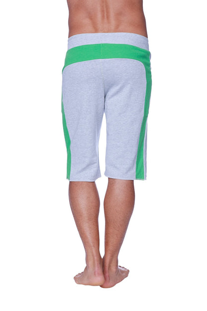 Eco-track short in heather grey with green featuring a ribbed waistband made for athletic use